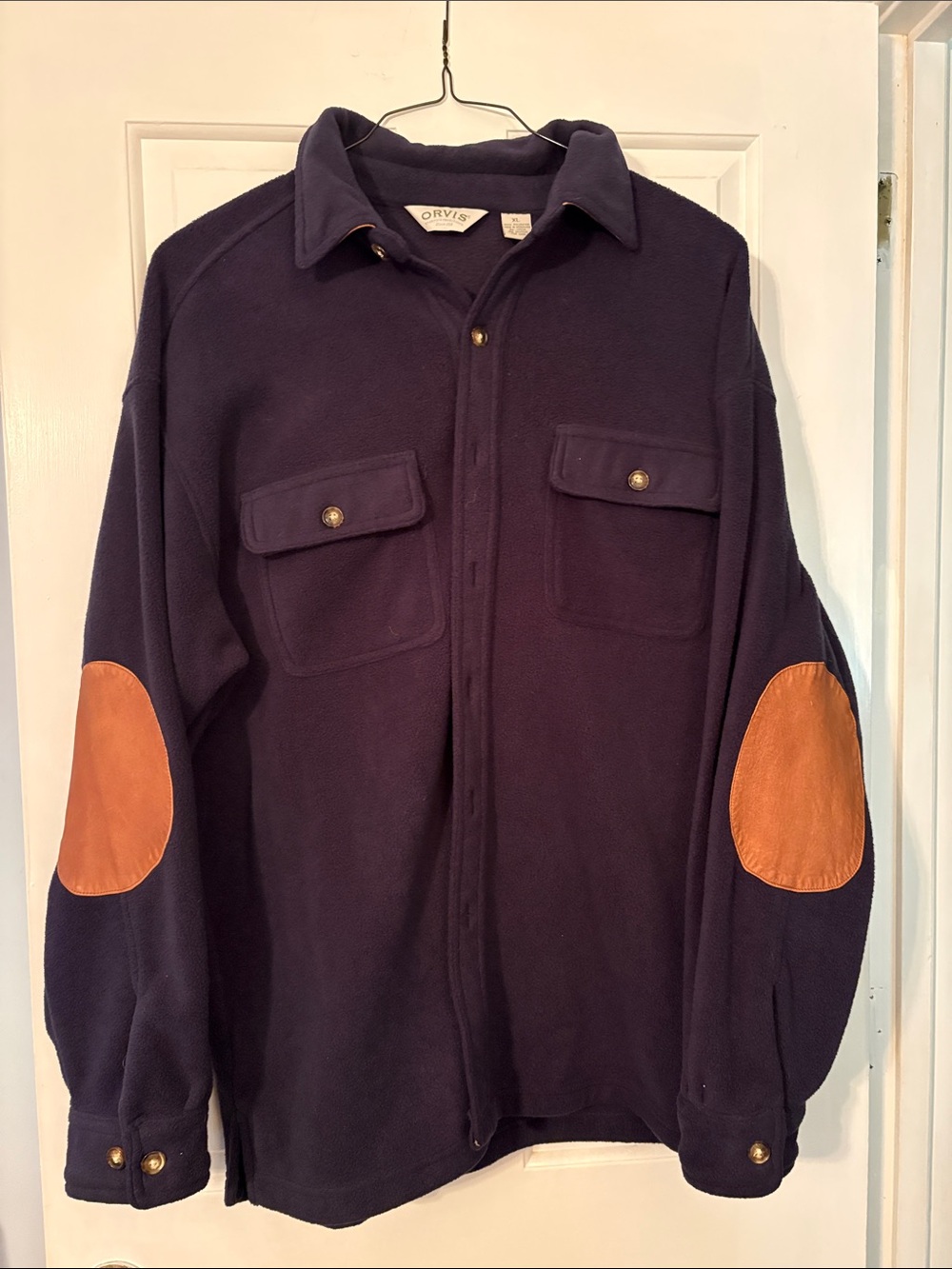 Orvis Navy Fleece Shirt Jacket with Tan Elbow Patches